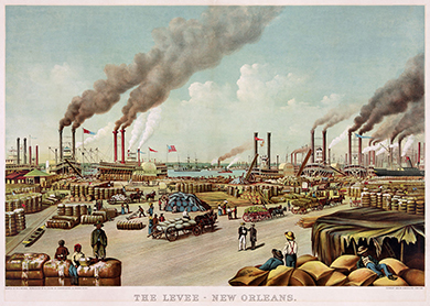 A print shows the port of New Orleans. Numerous bales of cotton sit on the dock, minded by dock workers. Many large steamships are visible in the distance.