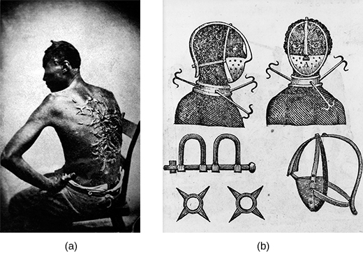 Photograph (a) shows a seated enslaved victim’s bare back, which is completely covered by raised scars. Drawing (b) depicts an iron mask, collar, leg shackles, and spurs; front and side views of an enslaved person wearing the collar and mask are shown.