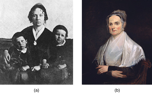 Photograph (a) shows Elizabeth Cady Stanton seated with two children. Painting (b) is a portrait of Lucretia Mott.