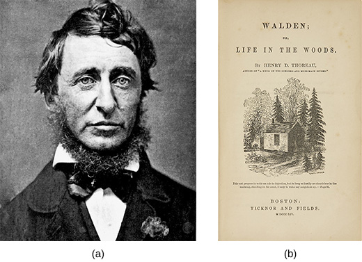 Photograph (a) is a portrait of Henry David Thoreau. Image (b) shows the cover of Thoreau’s Walden; or, Life in the Woods.