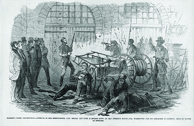 An illustration shows John Brown and others with rifles and pikes, holding a small group of men hostage inside the engine house of Harpers Ferry Armory. Several other men lie injured on the ground. The caption reads “Harper’s Ferry insurrection—Interior of the Engine-House, just before the gate is broken down by the storming party—Col. Washington and his associates as captives, held by Brown as hostages.”