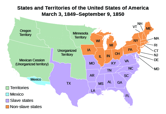 A map shows the states and territories of the United States from March 3, 1849, to September 9, 1850, as well as part of Mexico. States include Maine, New Hampshire, Vermont, Massachusetts, Rhode Island, New York, Connecticut, New Jersey, Pennsylvania, Delaware, Maryland, Virginia, North Carolina, South Carolina, Georgia, Florida, Alabama, Mississippi, Louisiana, Texas, Tennessee, Arkansas, Kentucky, Missouri, Iowa, Illinois, Indiana, Ohio, Michigan, and Wisconsin. Territories include Oregon Territory, Unorganized territory, Minnesota Territory, and Mexican Cession (Unorganized territory).