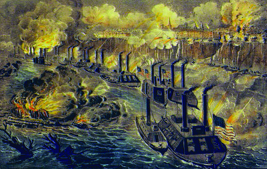 An illustration depicts a long line of Union gun boats firing on Vicksburg from the Mississippi River.