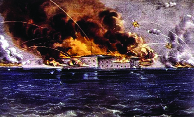 A lithograph shows the Confederacy’s attack on Fort Sumter, which explodes in flames.