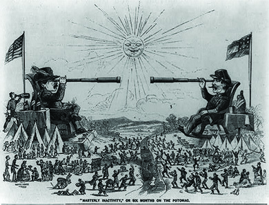 A cartoon, entitled, “‘Masterly Inactivity’ or Six Months on the Potomac,” depicts a larger-than-life George B. McClellan and P. G. T Beauregard, reclining on massive chairs with the Potomac River between them, looking at one another through long telescopes. Meanwhile, beneath them, their troops engage in social visits, sports, and other leisure-time activities, including happily and fruitlessly tossing rocks at their enemies across the river.