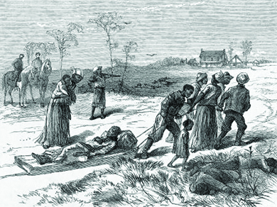 An illustration of the Colfax Massacre shows survivors tending to those involved in the conflict. The dead and wounded all appear to be Black, and two White men on horses watch over them. Another man stands with a gun pointed at the survivors.