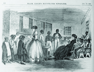 An illustration shows several White women in a schoolroom, surrounded by young Black pupils reading schoolbooks.