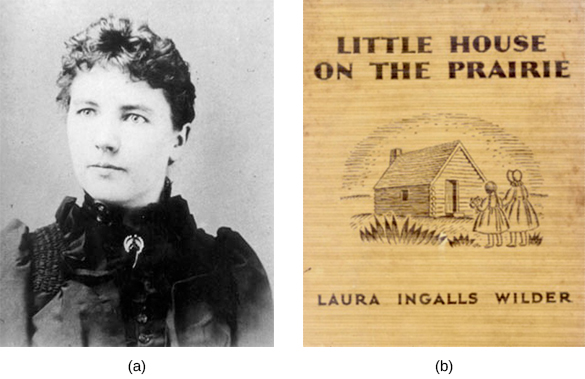 Image (a) is a photograph of Laura Ingalls Wilder. Image (b) shows the cover of Ingalls Wilder’s book, Little House on the Prairie. On the cover is a drawing of two young girls, who stand before a small cabin with the sun setting behind it.