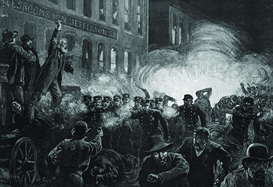 An engraving shows labor activist and anarchist Samuel Fielden giving an impassioned speech on a raised platform. Below him, a bomb explodes, and men and uniformed police charge through the streets.