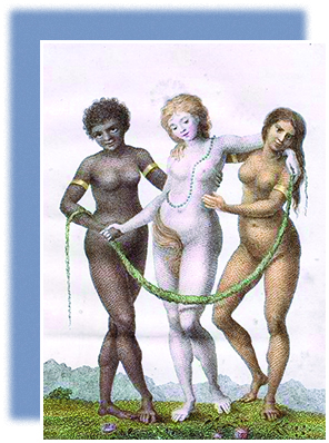 A painting depicts an African woman, a White woman, and a Native American woman, all of whom are nude. Their hands and arms are intertwined and they all hold a vine or strand. The African and Native women wear a gold armband on each arm.