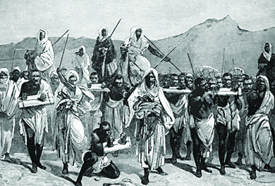An illustration shows traders transporting a group of enslaved people, who are connected at the neck and bound at the wrists.