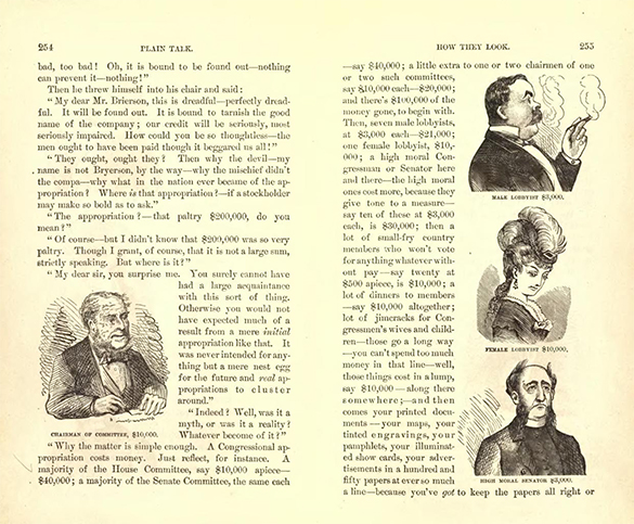 Pages from Mark Twain’s The Gilded Age contain illustrations of a legislative committee chairman and three types of lobbyists. A legislator is labeled “Chairman of Committee $10,000”; a man in a suit, smoking a cigar, is labeled “Male Lobbyist $3,000”; a well-dressed woman is labeled “Female Lobbyist $10,000”; and a grim-looking man in modest dress is labeled “High Moral Senator $3000.”
