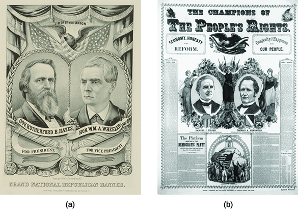 Two campaign posters are shown. Poster (a) contains illustrations of Rutherford B. Hayes and William A. Wheeler, labeled “Gov. Rutherford B. Hayes/For President” and “Hon. W.M.A. Wheeler/For Vice President.” Above them, an eagle bears a flag and the label “Liberty and Union.” Poster (b) is headed “The Champions of the People’s Rights. Economy, Honesty, and Reform. Prosperity & Happiness for Our People.” Below, two illustrations are labeled “Samuel J. Tilden/Democratic Candidate for President” and “Thomas A. Hendricks/Democratic Candidate for Vice-President.” The candidates’ portraits are surrounded by illustrations of three gowned women, the third bearing an American flag, and lush greenery.