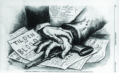 A cartoon shows a man’s hand covering a gun on a table; another man’s hand covers his. Beneath the gun, papers are visible with the words “Tilden or Blood,” “Are You Ready for Civil War?” and “Tilden or a Fight.” Beneath the cartoon, a caption reads “A truce—not a compromise, but a chance for high-toned gentlemen to retire gracefully from their very civil declarations of war.”