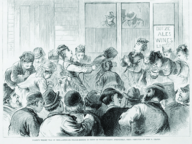 An illustration shows the women of the temperance movement holding an open-air prayer meeting in front of an Ohio saloon. A sign outside the saloon reads "Dotze Ales Wines."