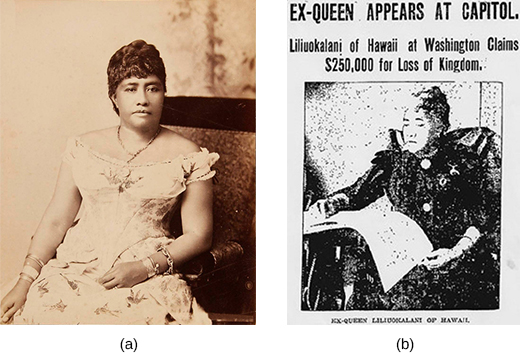 Photograph (a) is a portrait of Queen Liliuokalani. A newspaper page (b) features a photograph of Queen Liliuokalani, labeled “Ex-Queen Liliuokalani of Hawaii,” and the headline “Ex-Queen Appears at Capitol. Liliuokalani of Hawaii at Washington Claims $250,000 for Loss of Kingdom.”
