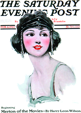 A cover of The Saturday Evening Post, from February 4, 1922, features an illustration of a young woman’s head and shoulders. Her hair is cut short in a bob, and she wears an elaborate headpiece. Beneath her, the text reads “Beginning Merton of the Movies—By Harry Leon Wilson.”