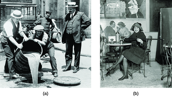Photograph (a) shows several men pouring a large barrel of alcohol down a manhole as a uniformed policeman watches from behind them. Photograph (b) shows a smiling young woman sitting in a café, using a flask hidden at the tip of her cane.