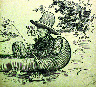 A cartoon shows a man in a hat and neckerchief reclining against a pillow in a small boat, holding a fishing rod. Beside the man’s face are the words “Choosin’ to run isn’t as restful as this.”