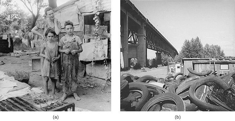 Photograph (a) shows a mother and her son and daughter standing before a shanty on a bare patch of land. Photograph (b) shows a pile of tires in front of a shanty next to a railroad bridge.