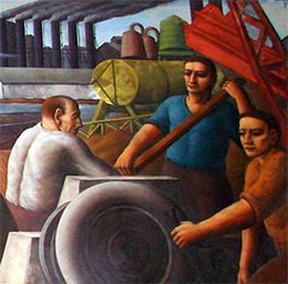 A mural depicts three industrial workers engaged in various tasks.