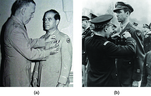 Photograph (a) shows General George Marshall pinning the Distinguished Service Cross on Frank Capra’s jacket. Photograph (b) shows a member of the French Air Force awarding Jimmy Stewart the French Croix de Guerre.