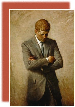 A painting of John F. Kennedy shows the president standing with his arms folded, staring downward.