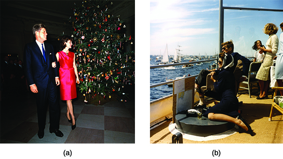 Photograph (a) shows a youthful John F. Kennedy and Jacqueline Kennedy standing beside a large Christmas tree. Photograph (b) shows John F. Kennedy, Jacqueline Kennedy, and several others sitting on a dock, watching the America’s Cup race.