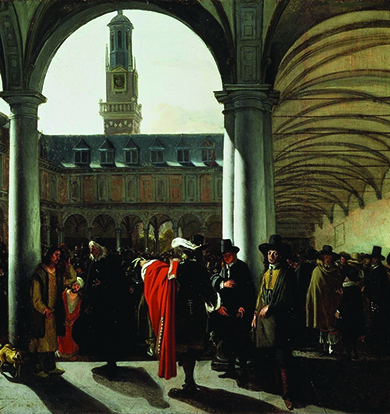A painting shows a crowd of seventeenth-century merchants and brokers gathered in the courtyard of Amsterdam’s Exchange, a large building with columns and archways.