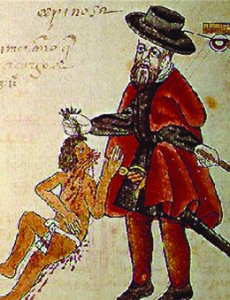 A drawing shows a Spaniard, wearing a beard and European clothing and holding a stick or sword, pulling the hair of a much smaller Native American who is wearing a loincloth and has blood flowing from his face and body.