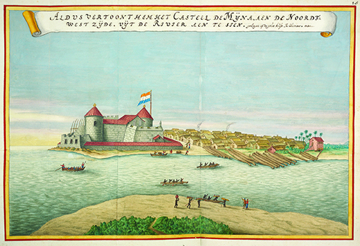 A painting shows Elmina Castle, which is flying the Dutch flag.