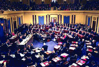 A photograph shows an aerial view of proceedings on the Senate floor during Bill Clinton’s impeachment trial.