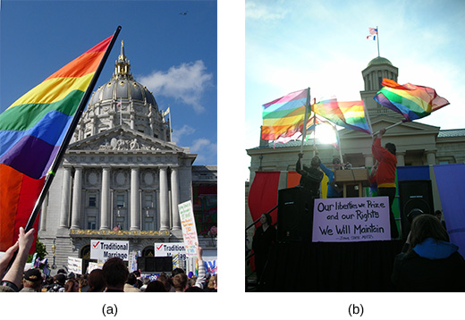 Photograph (a) shows supporters and protestors of same-sex marriage gathered outside of San Francisco’s City Hall. Photograph (b) shows supporters flying rainbow flags outside of the Iowa Supreme Court; in the center of the image, they hold a sign that reads, “Our liberties we prize and our rights we will maintain.”