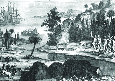 This is a drawing showing Timucua Natives fleeing the Spanish settlers, who arrived by ship.
