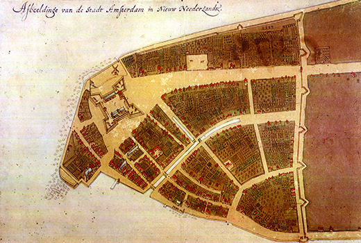 The Castello Plan shows New Amsterdam as a small settlement of buildings and fields divided by roads or paths. A fort can be seen near the tip of the peninsula. On the right side of the colony, a line with spikes indicates the wall that protects the colony to the northeast; its other three sides are protected by water.