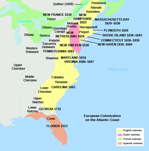 This is a map showing the English, Dutch, French, and Spanish colonies on the Atlantic coast and the dates of their settlement, as well as the names of Native American tribes inhabiting those areas.