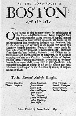 A broadside demanding the surrender of Sir Edmund Andros, with fifteen signatures at bottom, is shown.