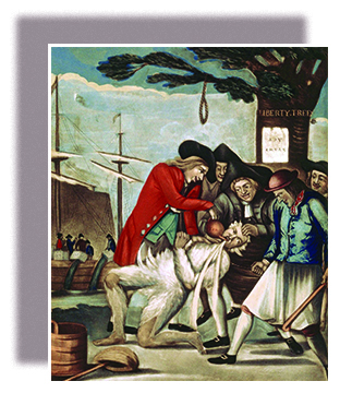 A painting shows five Patriots tarring and feathering the Commissioner of Customs, John Malcolm. One Patriot forcibly pours tea from a teapot into Malcolm’s mouth. In the background, the Boston Tea Party and the Liberty Tree are visible. On the Liberty Tree hangs an upside-down paper labeled “Stamp Act.”