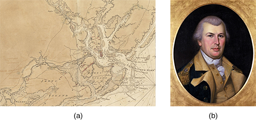 Image (a) shows a 1780 British map of Charleston with details of the locations of Continental forces. A portrait of General Nathanael Greene is shown in image (b).