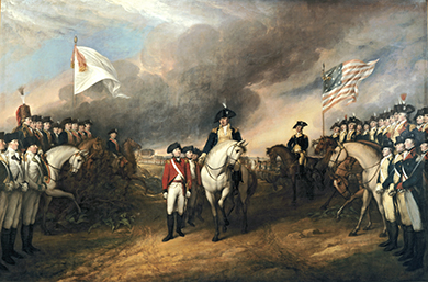 "A painting depicts American general Benjamin Lincoln holding out his hand to receive the British general’s sword as he formally surrenders. General George Washington is in the background, mounted on horseback. British and American troops are lined up, at attention, on opposite sides of the field; the Americans stand under an American flag, while the British soldiers stand under a white flag."