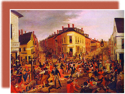 A painting depicts a busy street in the Five Points neighborhood. People of all ages, ethnicities, and social classes swarm in various directions, with buildings and shops in the background.
