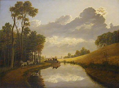 A painting presents a bucolic, romantic depiction of the Erie Canal and its environs. A single vessel is present on the water, and a man conducts several horses alongside the canal. A city is barely visible in the background.