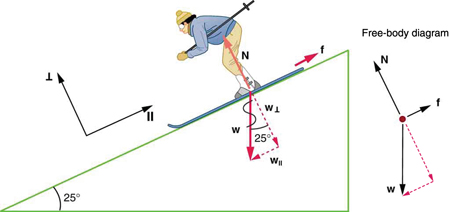 A skier is skiing down the slope and the slope makes a twenty-five degree angle with the horizontal. Her weight W, shown by a vector vertically downward, breaks into two components—one is W parallel, which is shown by a vector arrow parallel to the slope, and the other is W perpendicular, shown by a vector arrow perpendicular to the slope in the downward direction. Vector N is represented by an arrow pointing upward and perpendicular to the slope, having the same length as W perpendicular. Friction vector f is represented by an arrow along the slope in the uphill direction. In a free-body diagram, the vector arrow W for weight is acting downward, the vector arrow for f is shown along the direction of the slope, and the vector arrow for N is shown perpendicular to the slope.
