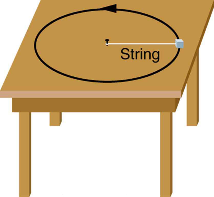 In the figure a table is shown. On the table a mass is attached to a nail at the center with the help of a string. The mass is moving on a circular path in counterclockwise direction.