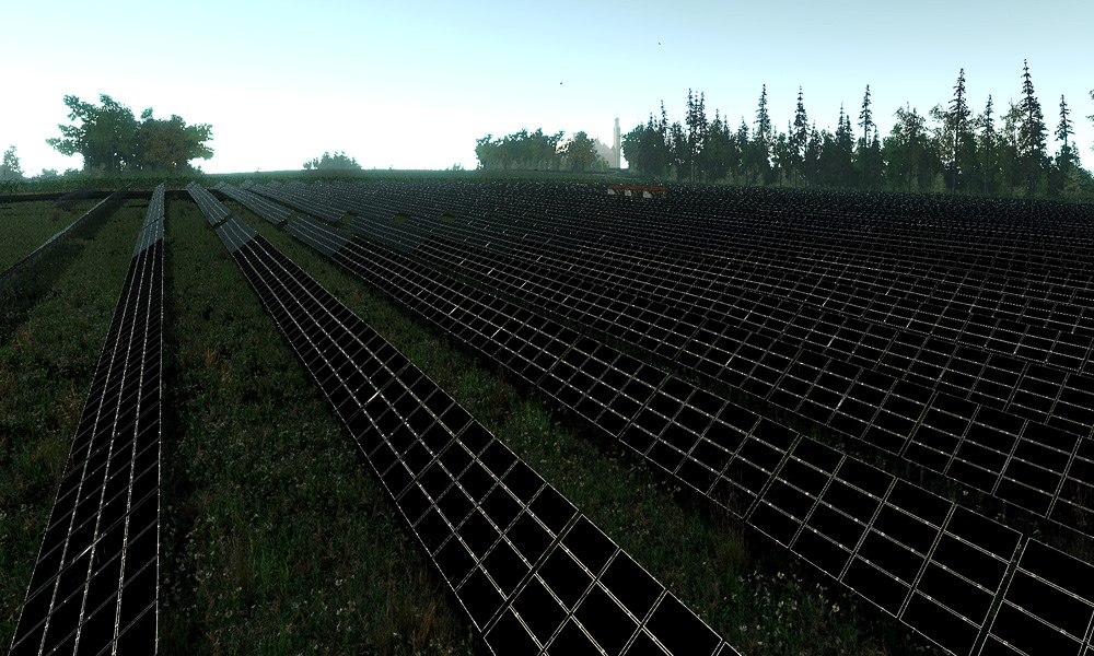 Solar cell arrays lined up in a field.