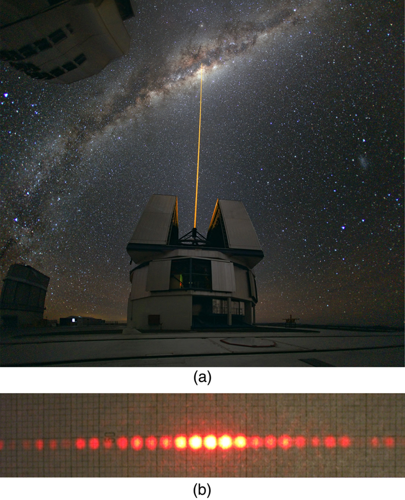 Part a of the figure shows a thin bright orange laser beam emitted from an observatory traveling in a straight line up into a starry sky. Part b of the figure shows a horizontal pattern of orange red spots produced when a laser beam has passed through a grid of slits. The central spot is the brightest and the spots get dimmer as you move away from the center..