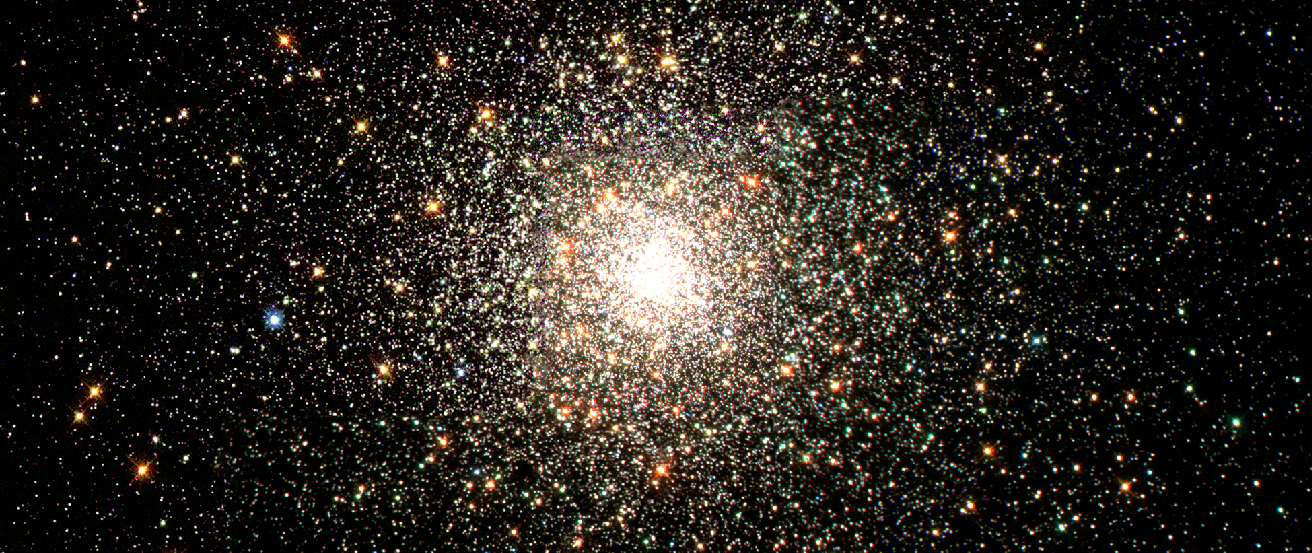 Image of the Globular Cluster M 80. Globular clusters are large, spherical clusters of stars that are so compact that the central regions typically appear to us as a single object. In this photograph, thousands of yellow and red stars surround the dense center of M 80.