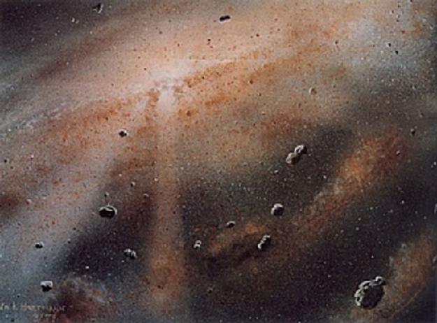 Artist’s conception of the Solar Nebula. Swirls of gas and dust, along with chunks of ice and rock spiral around the bright center where the Sun is beginning to shine.