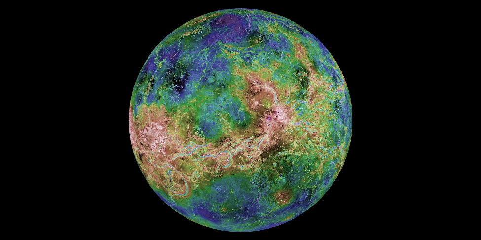 False-color radar map of Venus. The hemisphere shown in this image has lower regions that lie at higher latitudes (top and bottom), and highlands in the equatorial zone (center).