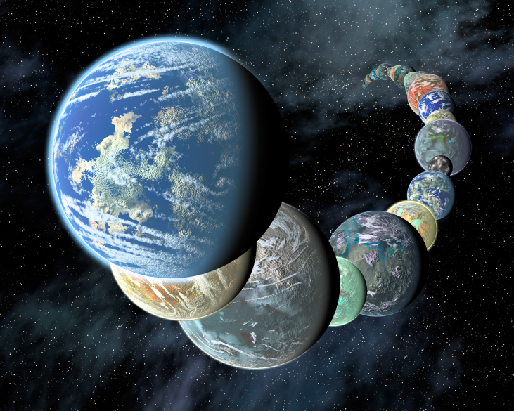 A painting of Many Earthlike Planets. Earth is in the foreground, overlapping with a twisting row of various planets that extend off into the background.